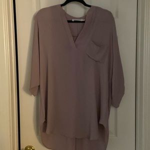All in Favor Roll-tab 3/4 sleeve V-neck tunic, Smokey taupe color, size large.